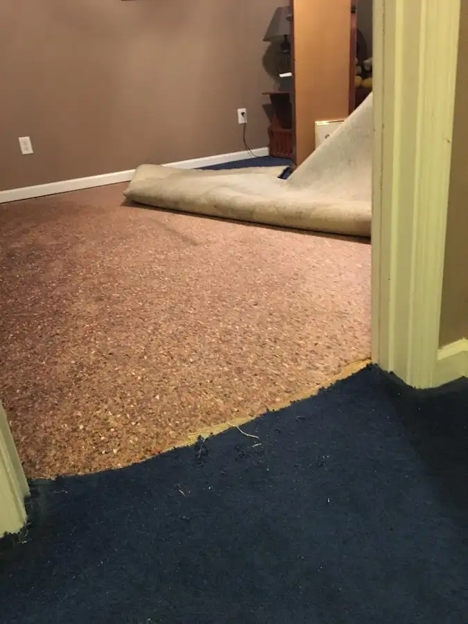 Carpet pad removal revealing water damage during Drying & Dehumidification in East Buffalo